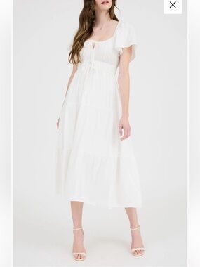 August Sky White Tiered Midi Dress with Tie Front